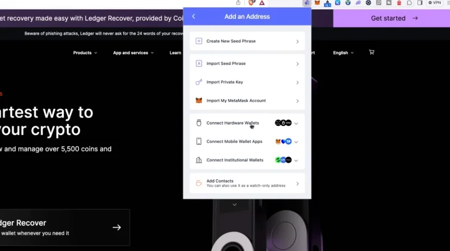 A menu within the Rabby browser extension showing the list of supported hardware wallets, including Ledger, Trezor, and Keystone.