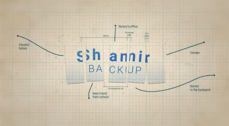 A diagram illustrating the Shamir backup method, showing seed fragments distributed across different physical locations.