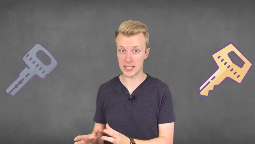 Icons of two keys, one purple representing a public key and one yellow representing a private key.