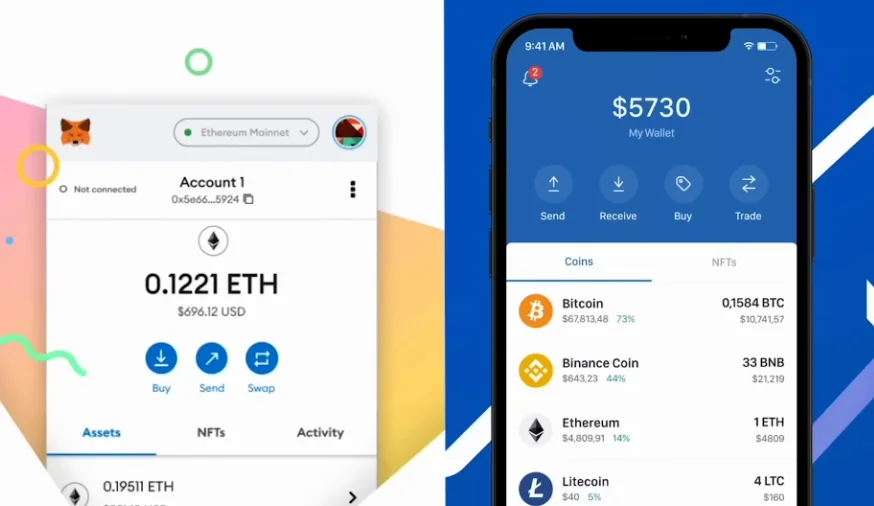 A comparison showing the interfaces of MetaMask and Trust Wallet mobile apps.