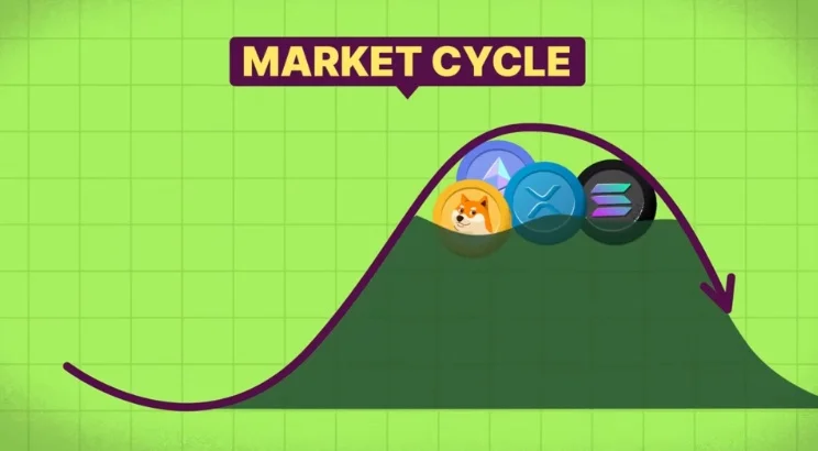 A wave graph showing the market cycle with different coins at various points, illustrating Bitcoin dominance.