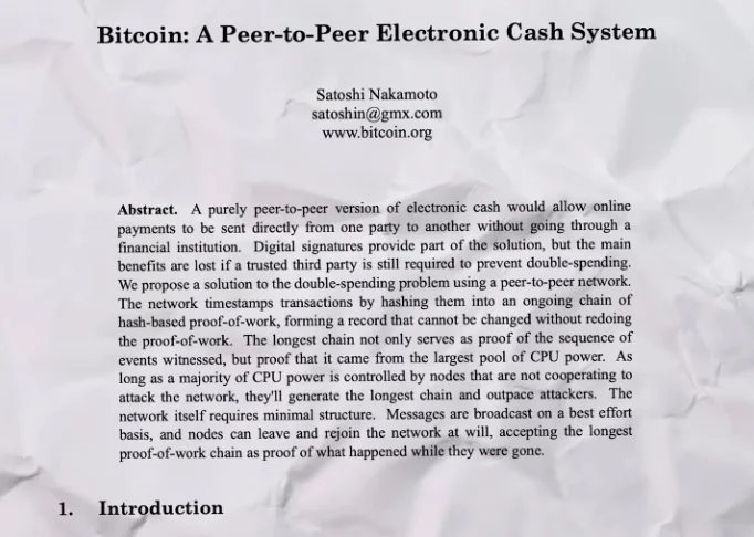 A close-up image of the first page of the Bitcoin whitepaper