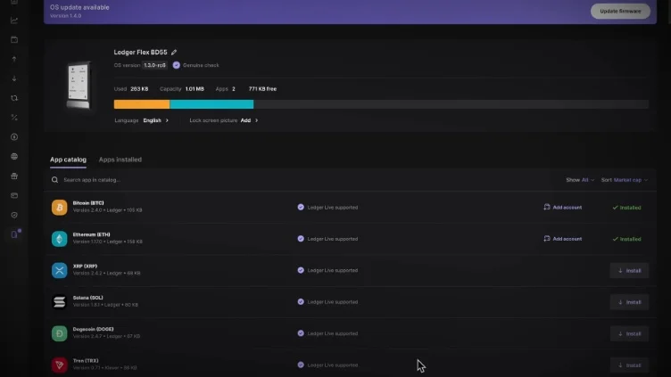 The Ledger Live software interface is shown with a list of installable blockchain applications, showing how many apps can be installed on the device.
