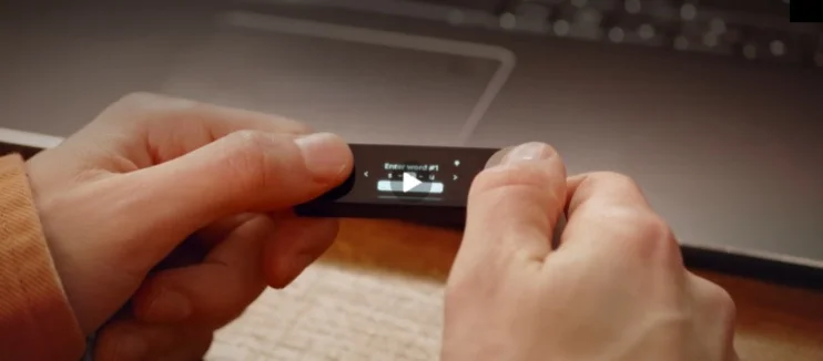 Ledger Nano X screen showing the interface for selecting and entering words from the recovery phrase.