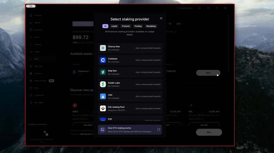 Staking screen showing list of staking providers for Ethereum.