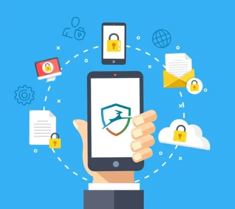 A hand holding a smartphone with a shield logo on the screen, surrounded by security icons.