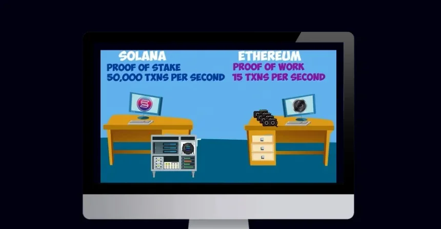 Comparison of Solana (50,000 TPS) vs Ethereum (15 TPS).