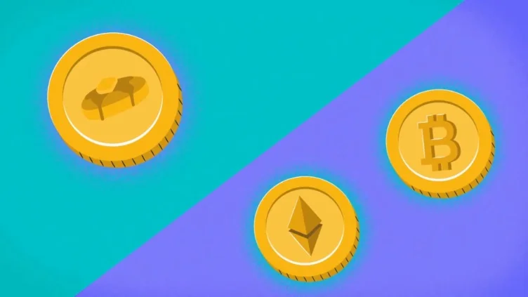 Visual analogy comparing the market value of different cryptocurrencies using a scale