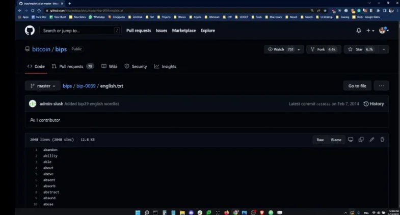 Browser view of BIP-39 wordlist on GitHub