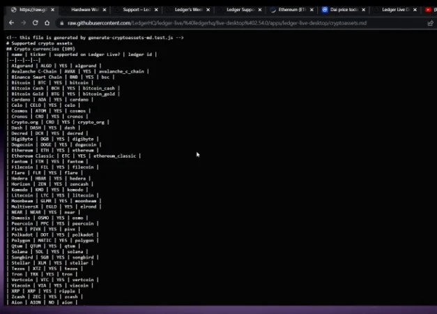 A list of cryptocurrency assets and their support status in Ledger Live on GitHub, highlighting a search result.