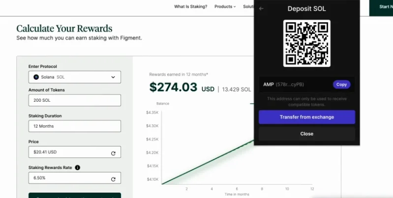Deposit SOL popup displaying a wallet address, a copy button, and a QR code for receiving SOL.