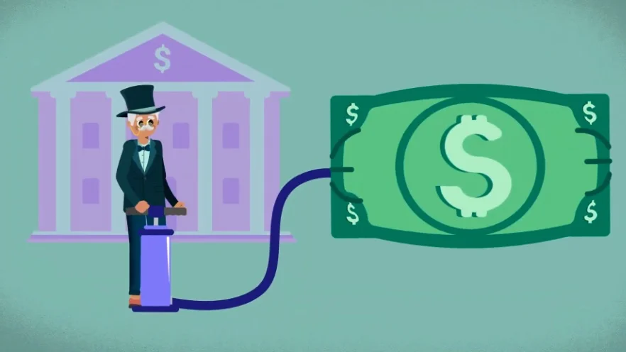 A person pumping up a dollar bill with an air pump, representing inflation.