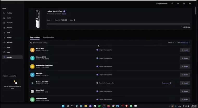 Ledger Live Manager UI showing the list of apps to install