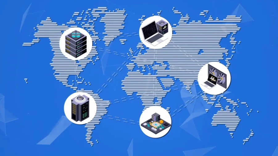 Comparison between centralized servers and decentralized blockchain nodes.