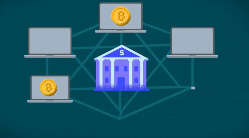 A network diagram showing laptops connected to a bank icon and Bitcoin coins moving between them.