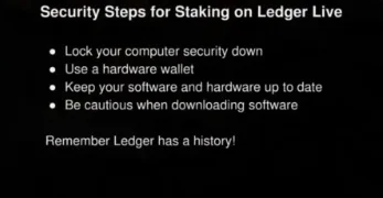 Security checklist titled 'Security Steps for Staking on Ledger Live' listing- Lock your computer security down, Use a hardware wallet, Keep your software and hardware up to date, and Be cautious when downloading software.