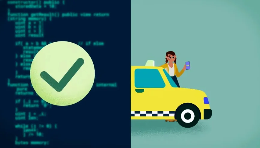 A person using a smartphone to summon a taxi, demonstrating a real-world application of a smart contract.