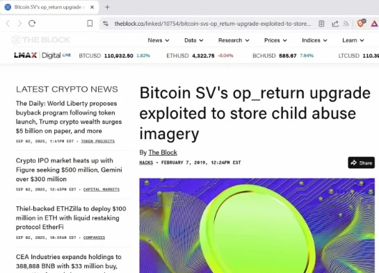 The Block article headline- 'BITCOIN SV's op_return upgrade exploited to store child abuse imagery'.