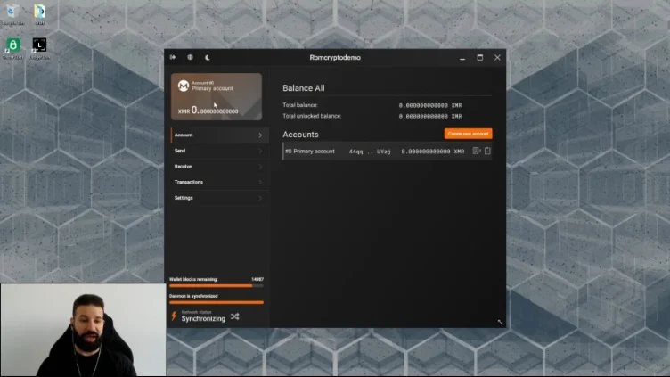 Wallet status showing synchronization with the Monero network.