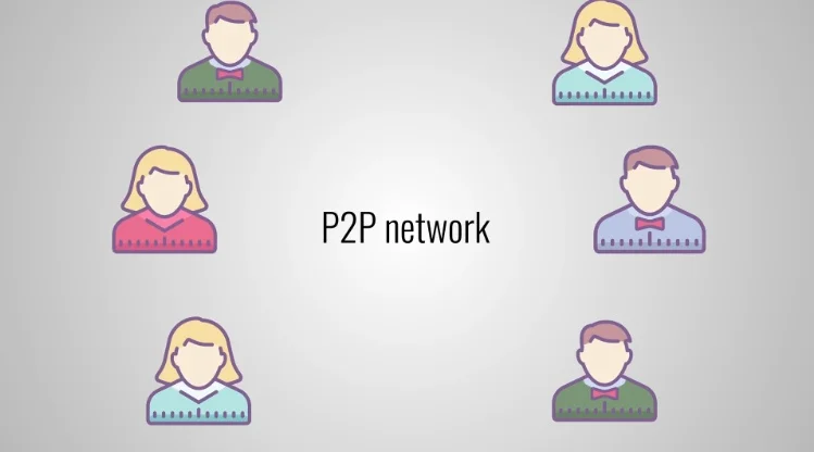 Six human figures arranged in a circle, representing a P2P network
