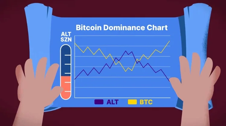 A scroll displaying the Bitcoin Dominance chart with lines for Bitcoin and Altcoins, helping traders gauge the likelihood of an alt season.