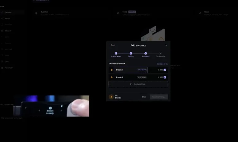 Ledger Live interface showing recovered Bitcoin accounts.