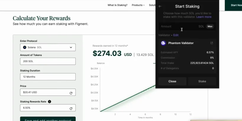 Staking interface asking for the amount of SOL to stake with a selected validator.