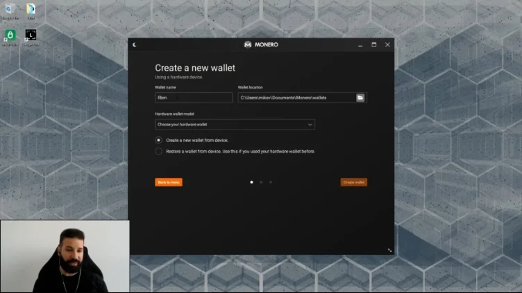 Monero GUI wallet interface to add a hardware wallet device.