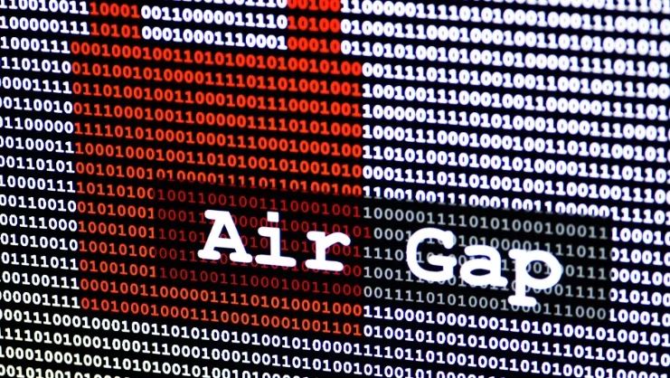 The words 'Air Gap' overlaid on a background of binary code, representing a secure, disconnected state.