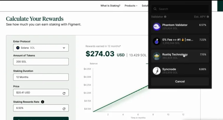 List of available validators for staking Solana, each with their commission percentage and total staked amount.