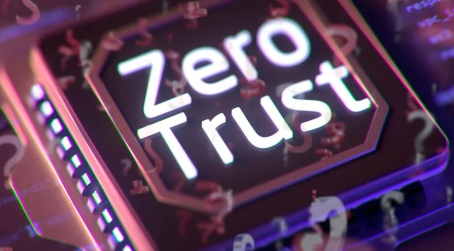 The words Zero Trust glowing in a digital circuit board format