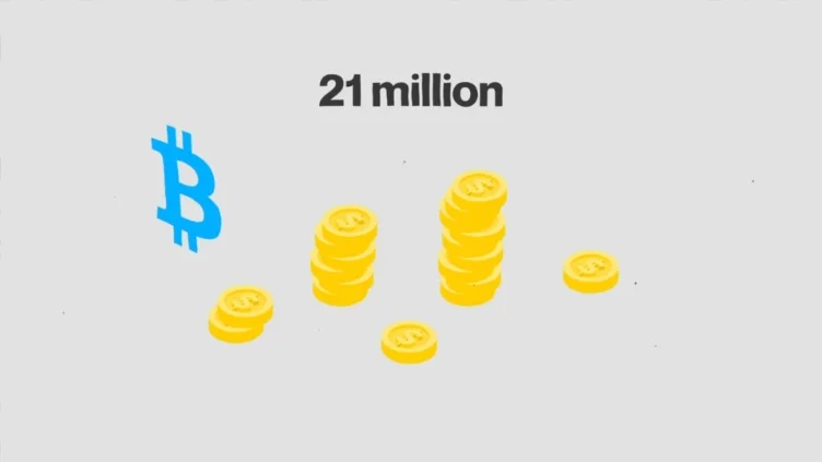 Graphic showing stacks of gold coins with the text '21 million' and a Bitcoin symbol.