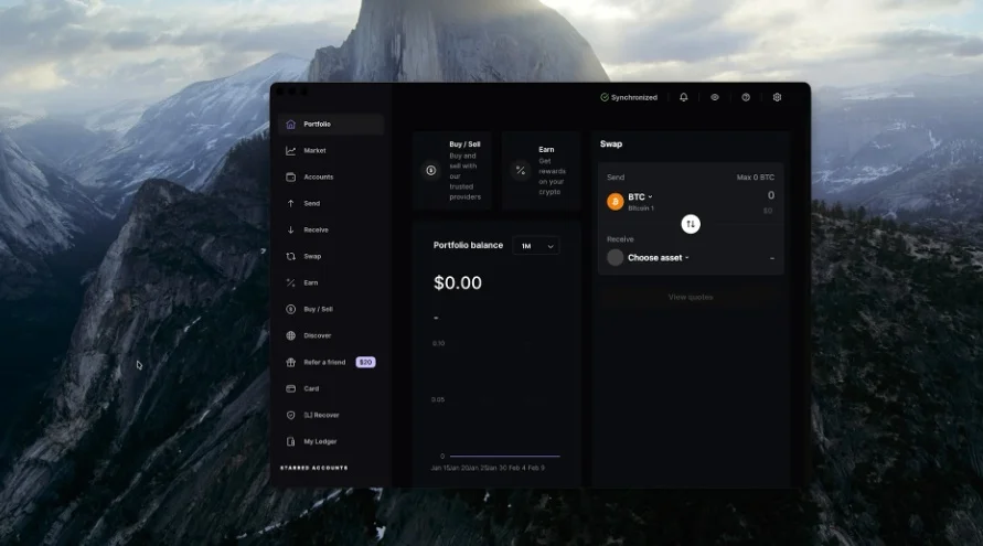 Portfolio dashboard showing buy, sell, and earn options.