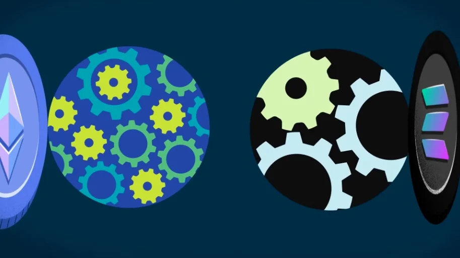 A comparison animation between Ethereum and Solana displaying their respective core technologies.