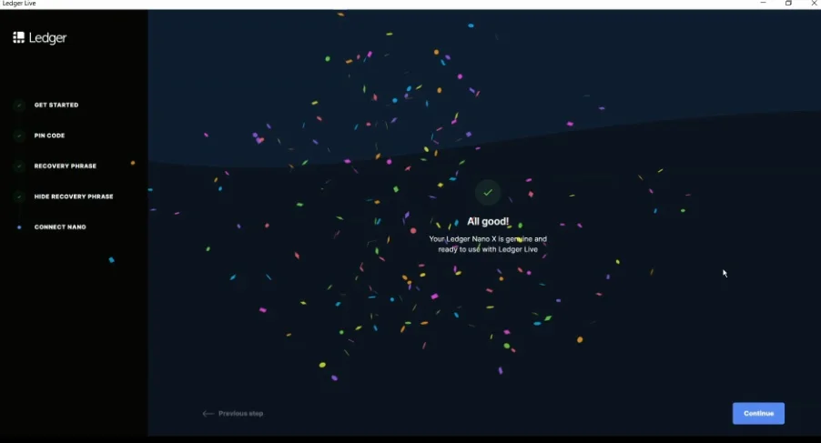 The Ledger Live desktop application showing an 'All good!' message with confetti.