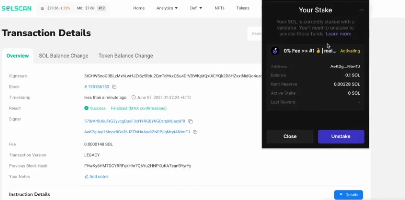 Staking interface screen with an 'Unstake' button, displaying the current active stake, rewards, and validator info.