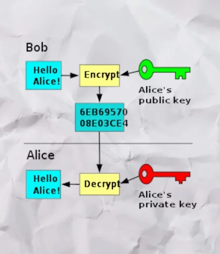 A diagram demonstrating the use of public and private keys for communication