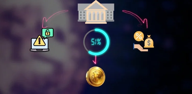 A conceptual diagram showing a bank-like building and symbols representing fees, security alerts, and a percentage counter reaching 51%.