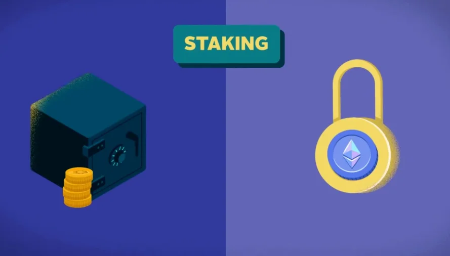 Comparison illustration between traditional PoS staking represented by a vault and general token locking represented by a padlock.