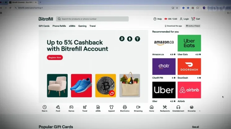 Bitrefill website showcasing gift cards purchasable with Bitcoin.