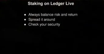 A list titled 'Staking on Ledger Live' highlighting three key tips- Always balance risk and return, Spread it around, and Check your security.
