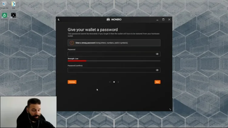 Password entry fields for the new Monero wallet.
