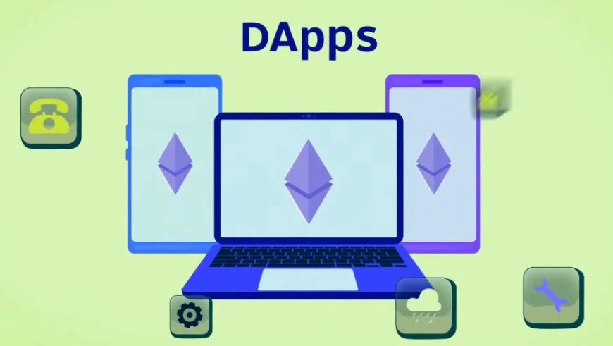A central laptop with the Ethereum logo surrounded by various digital application icons like mail, phone, settings, and music.