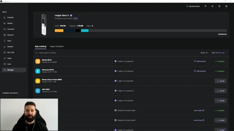 Ledger Live manager dashboard showing Monero app installation.