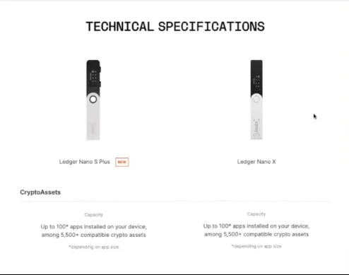 A comparison table detailing technical specifications for the Ledger Nano S Plus and Ledger Nano X.