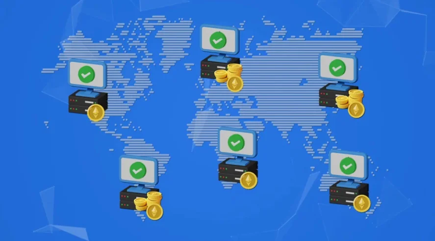 Visual showing validator computers receiving rewards for verifying blocks.