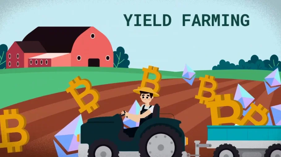 A cartoon farmer driving a tractor through a field collecting crypto tokens, representing the concept of yield farming.
