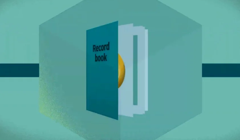 An animation showing a digital book or ledger being updated with Bitcoin transaction data.