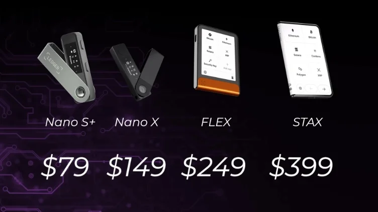 The video shows a side-by-side comparison of the different Ledger hardware wallet models including the Nano S+, Nano X, Ledger Flex, and Ledger Stax with their respective prices.