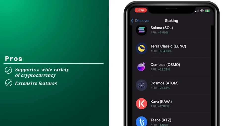A list of stakeable assets and their respective APRs in the Trust Wallet app.